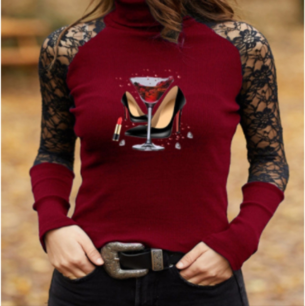 Elegant Women Spring Autumn Solid Color T-Shirts Hollow Out Design Lace Decor Ha